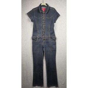 Goddess Trend Jumpsuit Womens 14 Blue Denim Studded Belt Zip Front Short Sleeve